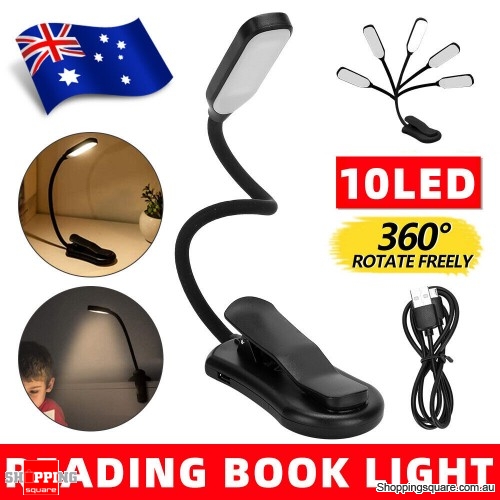 10LED Book Reading Light Clip on Bed Desk Table USB Rechargeable Brightness Lamp