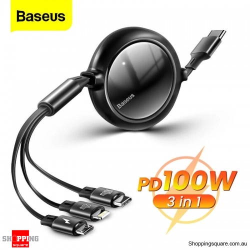 Baseus 3 in 1 100W USB C Cable Retractable Fast Charger for iPhone Type C Micro - Black Colour