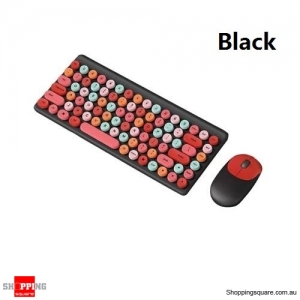 Wireless Keyboard Mouse Kit Colorful Multimedia Function Keys Battery Powered Plug and Play for Desktop Computer - Black