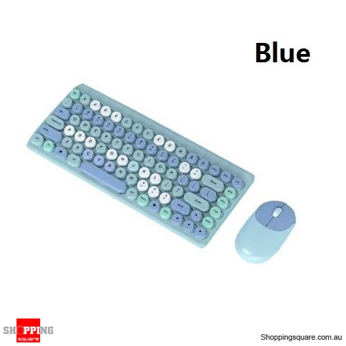 Wireless Keyboard Mouse Kit Colorful Multimedia Function Keys Battery Powered Plug and Play for Desktop Computer - Blue