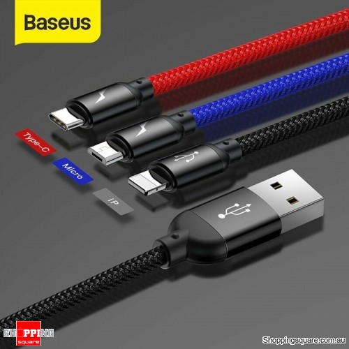 Baseus 3 in 1 USB Fast Charging Cable Braided Lightning + Type-C + Mico Charger Cord - 30cm