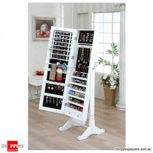 Wooden Mirrored Jewellery Full Length Cabinet - White Colour