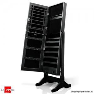 Wooden Mirrored Jewellery Full Length Cabinet - Charcoal Black