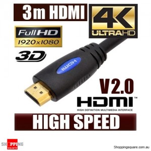 3M HDMI Cable v2.0 3D High Speed with Ethernet HEC 4K Ultra HD Digital Gold Plated Blue