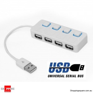 4 Port ON OFF Switch USB HUB Hi-Speed White with LED 