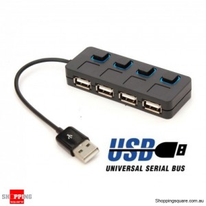4 Port ON OFF Switch USB HUB Hi-Speed Black with LED