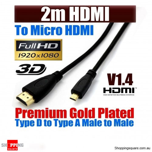 2m Ultra Premium Micro-HDMI to HDMI Cable Gold Plated V1.4 High Speed 3D Audio 1080P 