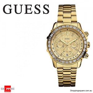 Guess Ladies Stainless Steel Gold Chained Crystal Chronograph Watch