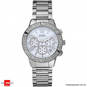 Guess Ladies Stainless Steel Stainless Steel Silver Chained Crystal Chronograph Watch