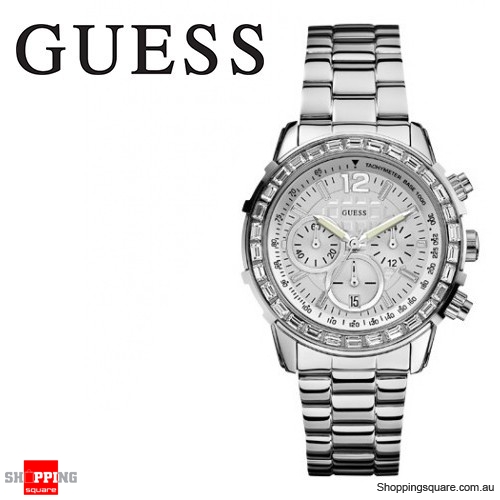 Guess Ladies Stainless Steel Silver Chained Crystal Chronograph Watch