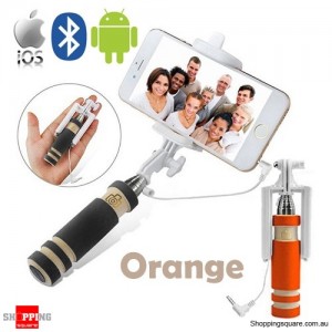 Bluetooth Wired Mini Monopod Telescopic Selfie Stick Remote Holder for iPhone Android Orange Colour