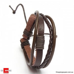 Men's 4 Rounds Stylish Woven Surf Leather Bracelet Wristband Brown Colour