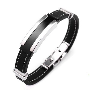 Men's Silver Stainless Steel Black Rubber Bangle Bracelet