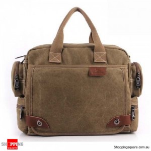 Men's Casual Retro Canvas Multifunctional 14 inch Laptop Crossbody Handbag Bag Khaki Colour