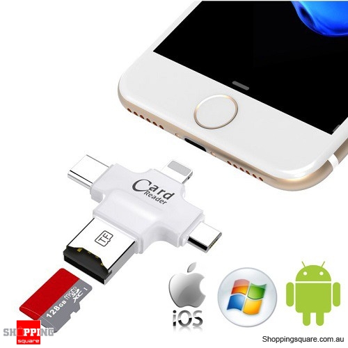 4 In 1 TF MicroSD Card Reader Type-C USB for iPhone Android Samsung PC White Colour