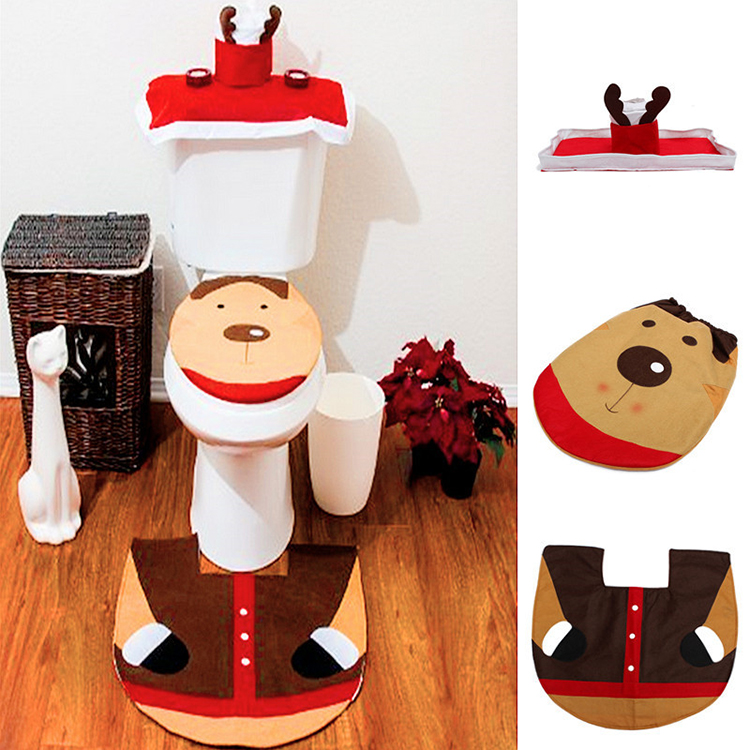 Christmas Xmas Santa Reindeer Washroom Toilet Seat Closestool Decorations Cover Rug Set 