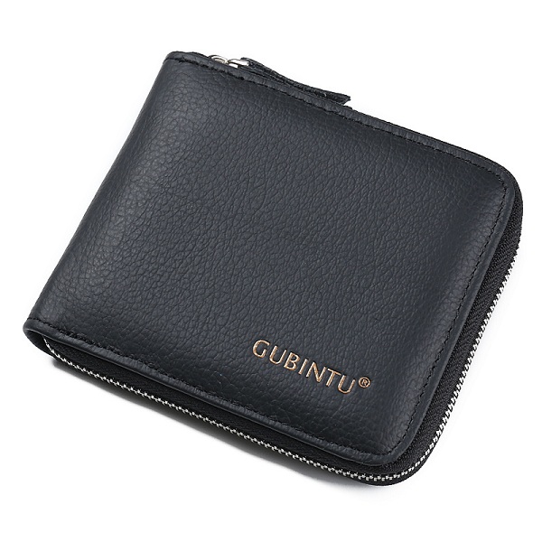 Men Genuine Leather Daily Short Wallet Card Holder Coin Purse - Black
