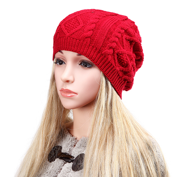 Women's Warm Soft Knit Double Helix Structure Wool Cap Hat Outdoor Autumn Winter - Red