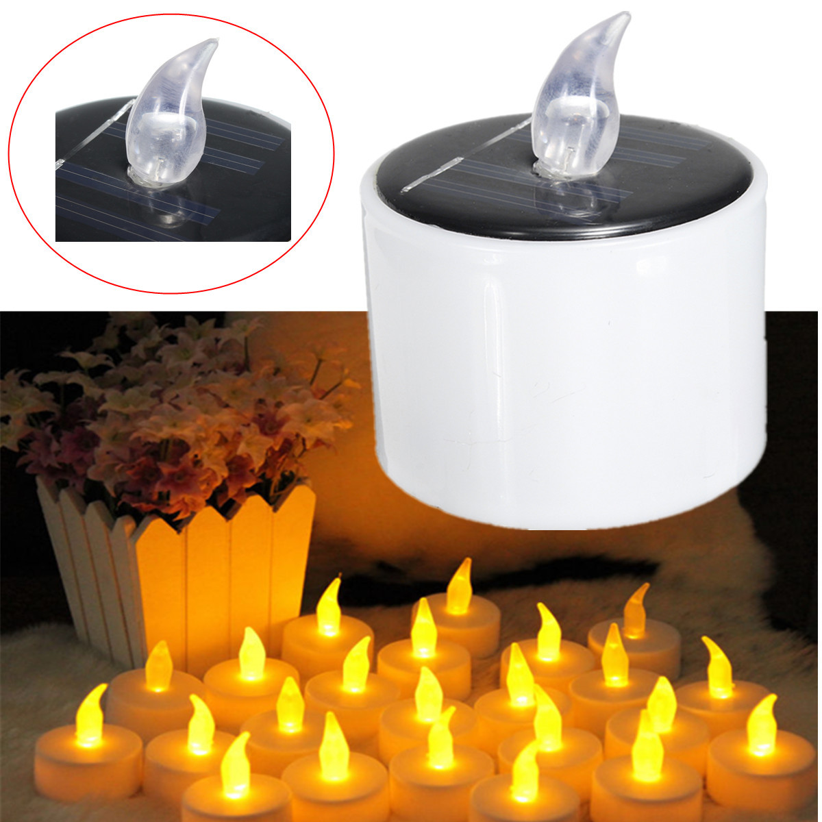 Solar Powered Cylindrical LED Candle Tea Light Home Decor Romantic Yellow Flickering - Warm White