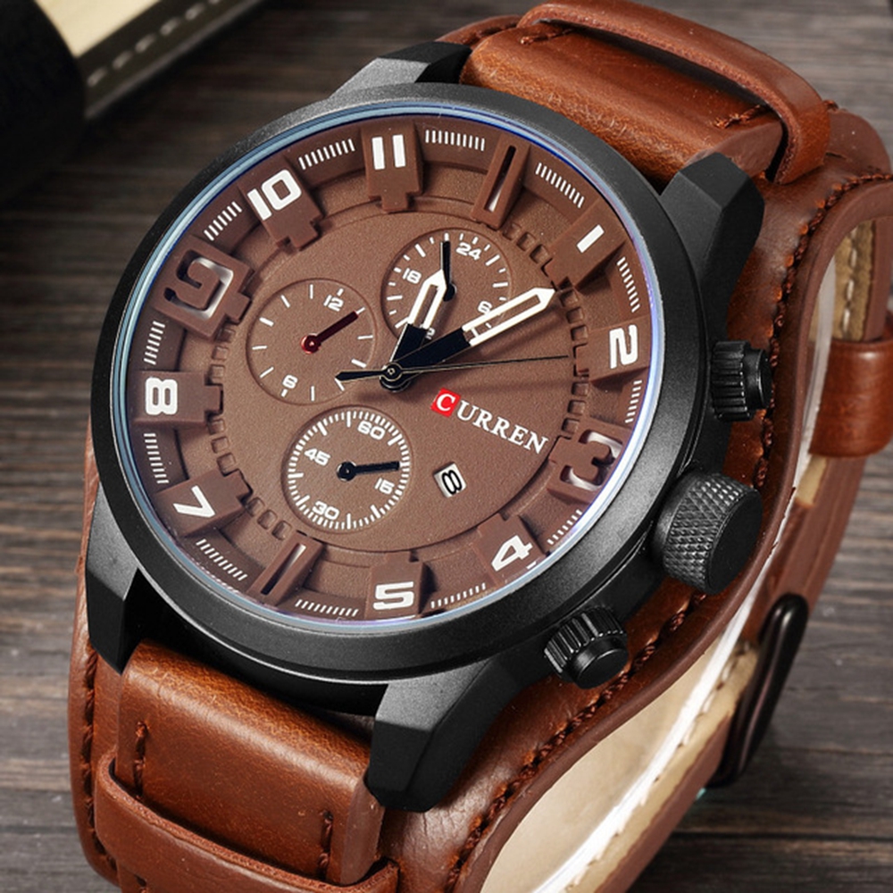 Fashion Men Quartz Wristwatch Creative Leather Strap Round Watch Date Display - Brown