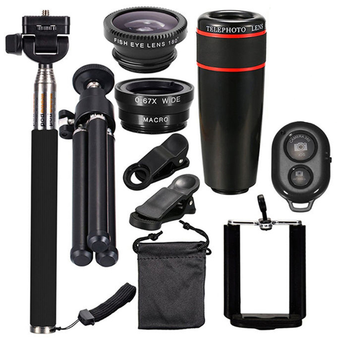 10-in-1 Universal Smartphone Camera Lens Fish Eye Lens with Clip Optical Telescope Kit Mobile selfie stick Bluetooth Set