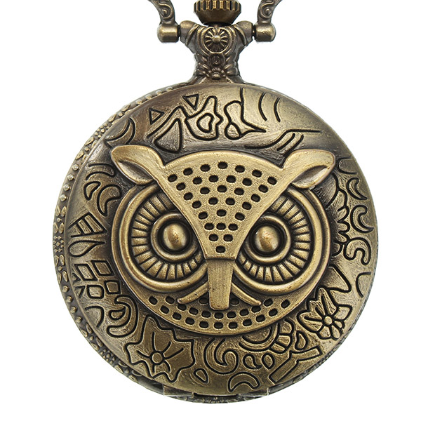 Fashion Bronze Pocket Watch Owl Pattern Necklace Vintage Chain Round Quartz Watch