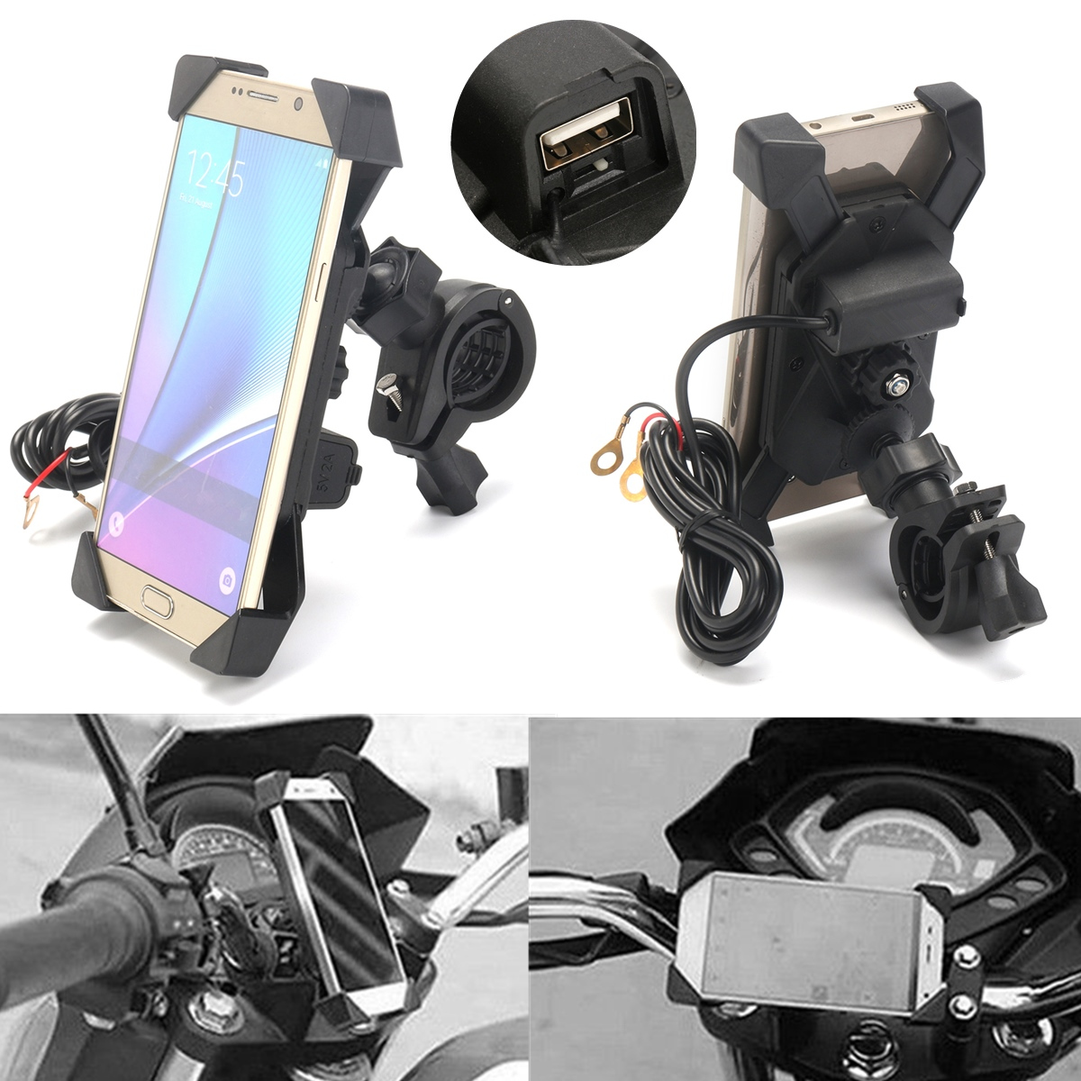 USB Handlebar Phone Charger Holder for iPhone Samsung Scooter Motorcycle Bike 
