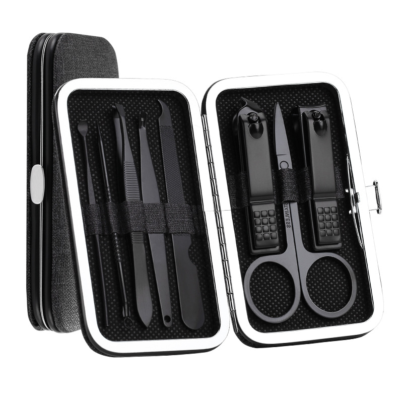 8 in 1 Black Stainless Steel Nail Clipper Pedicure Scissor Tweezer Manicure Set Kit with case - Black