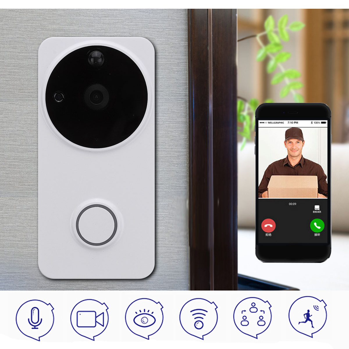 Wireless WiFi Ring Doorbell Night vision Phone Remote Video 2-Way Talk Audio Home Security
