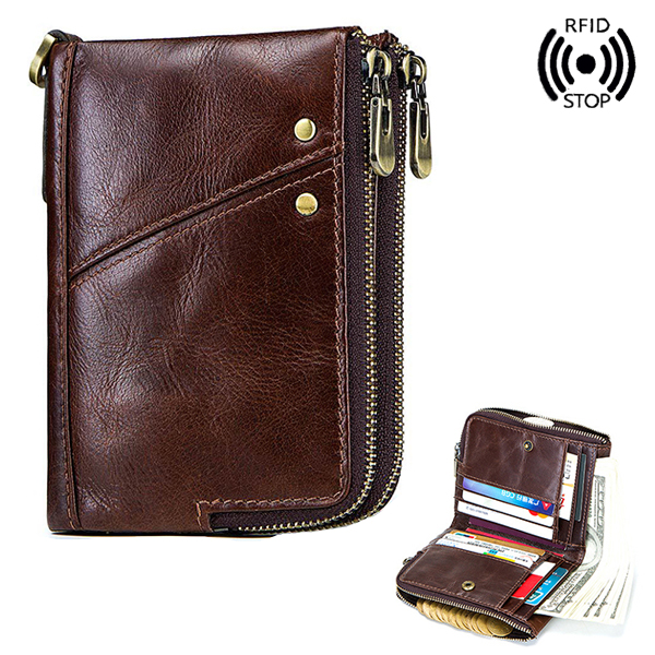 RFID Antimagnetic Wallet Genuine Leather 12 Card Slots Vintage Double Zipper Coin Bag-Coffee