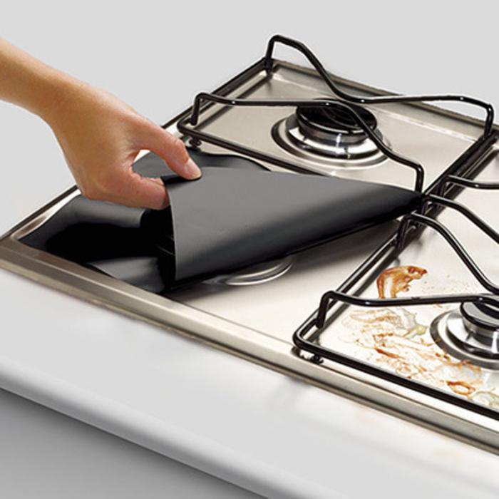 4PCS Reusable Teflon coated Foil Gas Stove Cover Protector Liner Clean Mat Pad Kitchen - Black