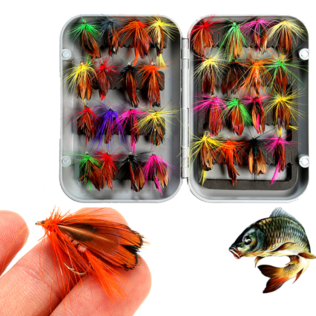 32pcs Mixed Trout Flies Lure Fly Fishing Tackle with Box Artificial Feather Mixcolor