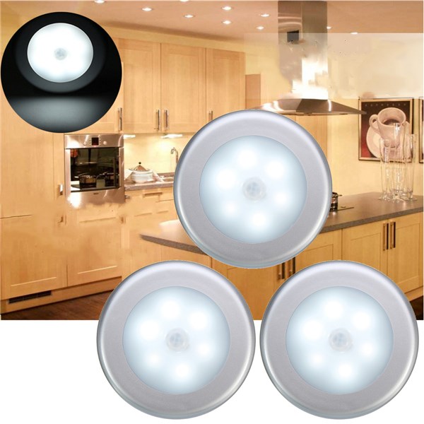 3pcs PIR Motion Sensor 6 LED Night Cabinet Light Lamp - White