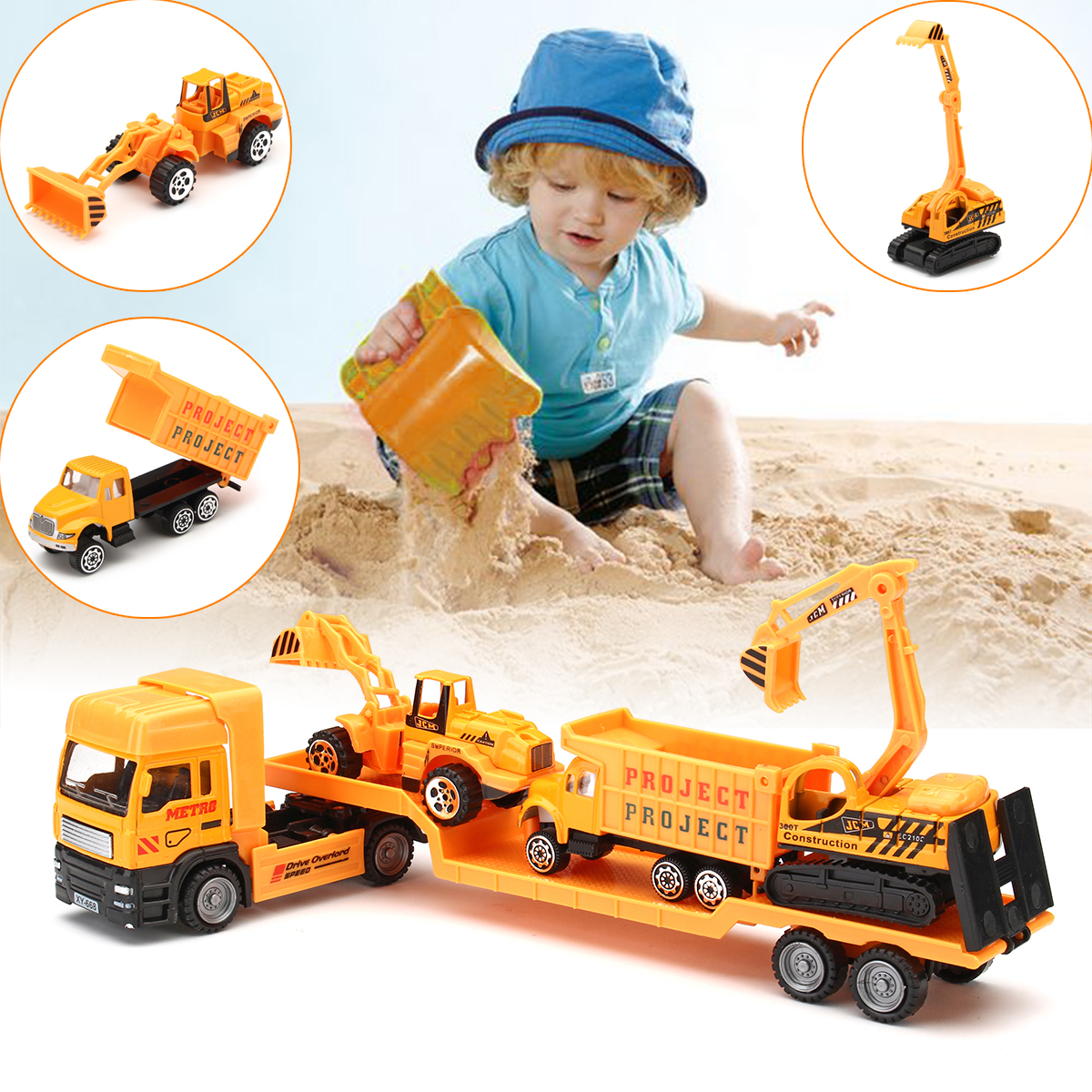 4-in-1 Recovery Vehicle Tow Truck Lorry Low Loader Diecast Model Toys Construction Kids