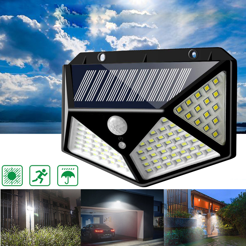 100 LEDs Solar Powered PIR Motion Sensor Wall Light Outdoor Garden Lamp 3 Modes