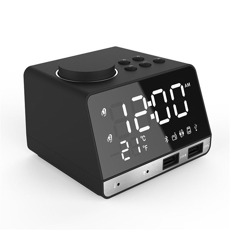 Dual Alarm Clock LED Display Wireless Bluetooth Bass Speaker - Black