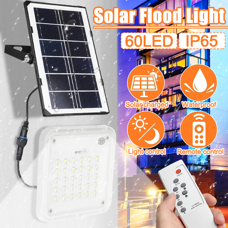 60LED Solar Flood Light SMD2835 Garden Wall Lamp IP65 Waterproof Lighting + Remote Control