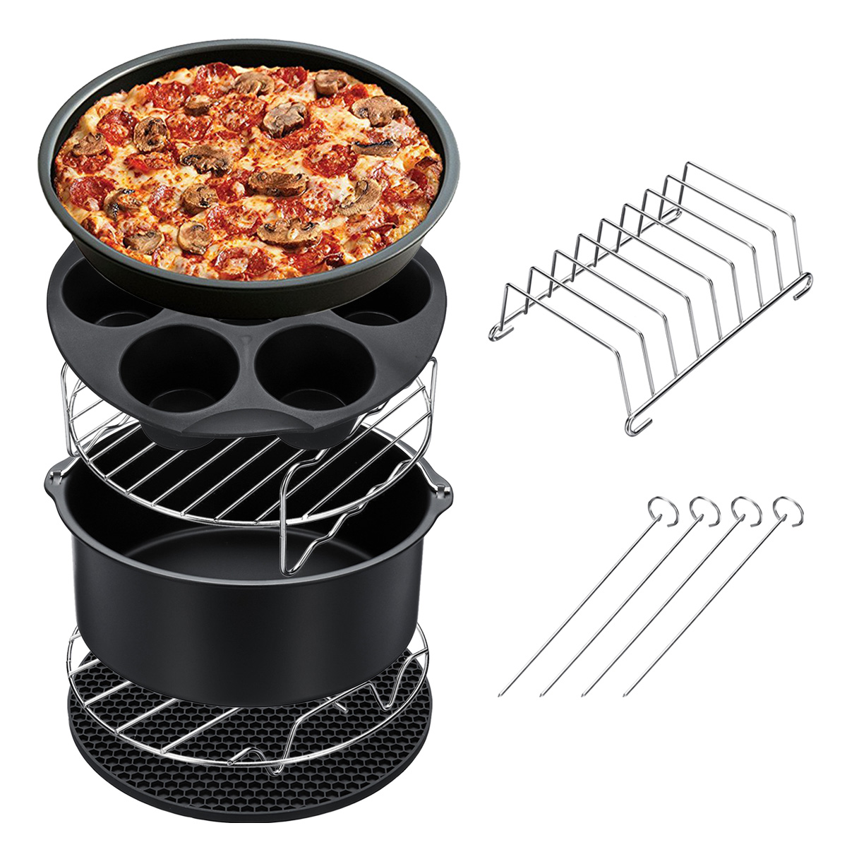 7PCS Air Fryer Accessories Set Chips Baking Basket Pizza Pan Home Kitchen Tool