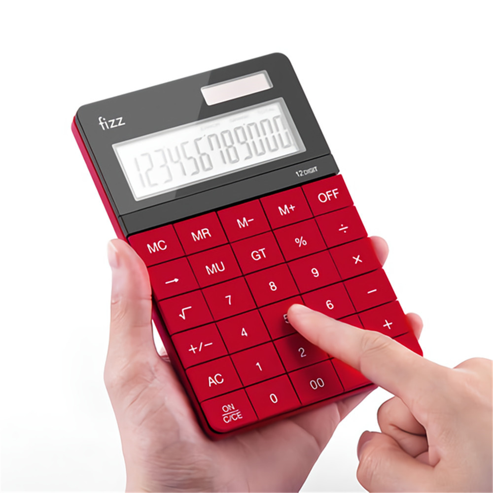 Double Power Desk Calculator 12 Digit Large Display Panel Button Calculator - Red Colour