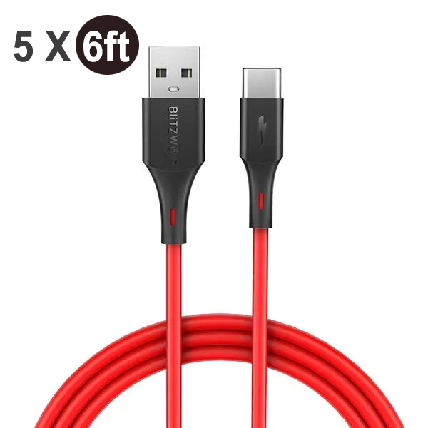 [5 Pack] BlitzWolf BW-TC15 3A USB Type-C Cable Fast Charging Data Sync Transfer Cord Line 6ft/1.8m For Samsung Huawei