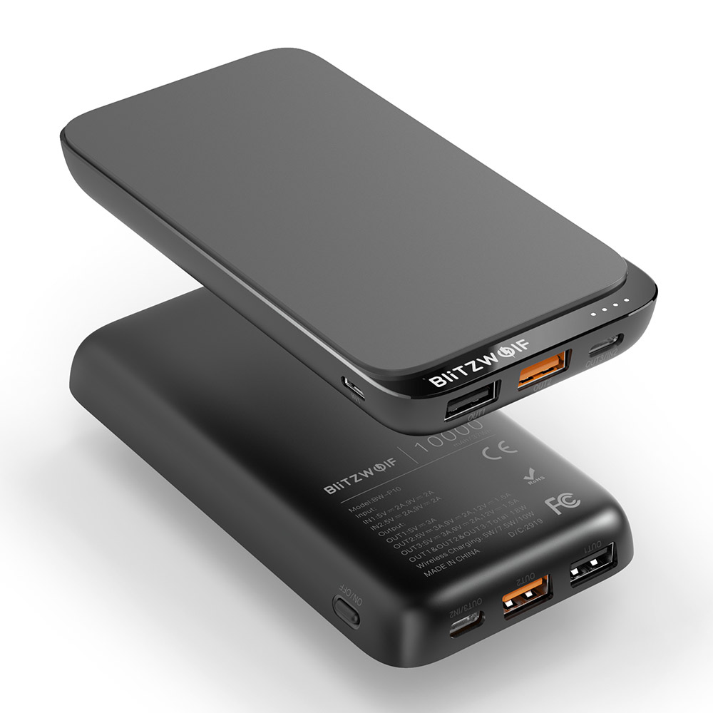 BlitzWolf BW-P10 10000mAh QC3.0 PD18W Power Bank 10W Wireless Charger with 4 Outputs for iPhone 12 Samsung Note 20 Switch