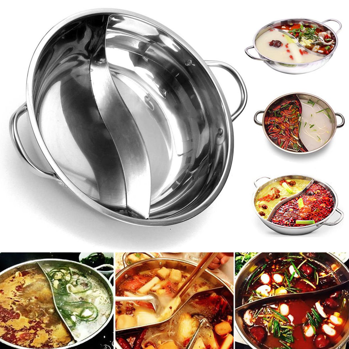 38cm Thick Stainless Steel Hot Pot Two-Flavors Induction Cooker Kitchen Cookware
