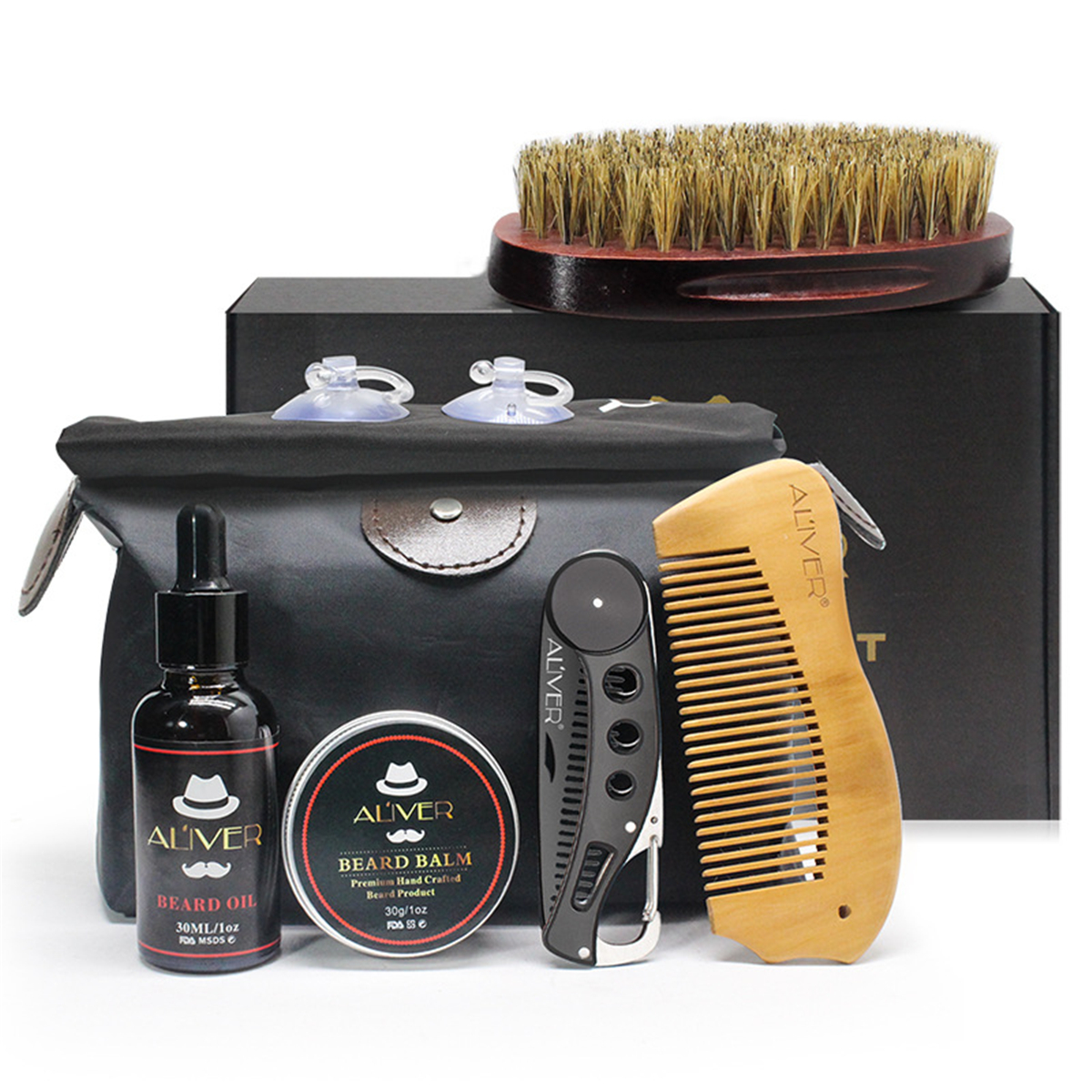 7Pcs Beard Care Kit Tool Set Mustache Grooming Styling Cleaning Kits Brush +Comb + Cream Oil +Balm +Storage Bag