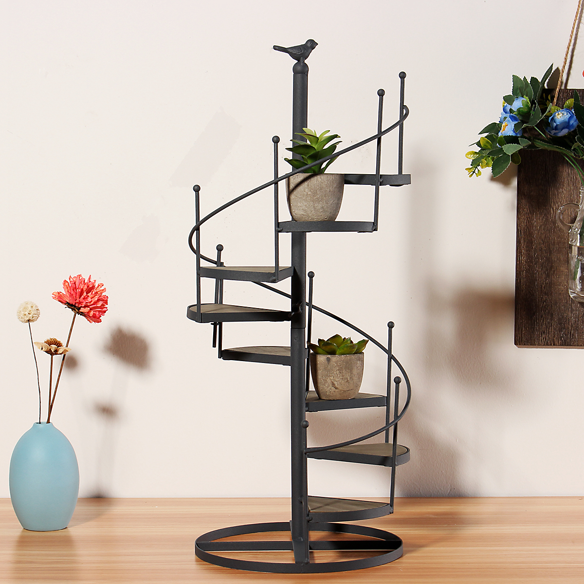 European Style Wrought Iron Retro Flower Stand Solid Wood Shelf Revolving Multi-Layer Staircase Balcony Garden Flower Pot Rack