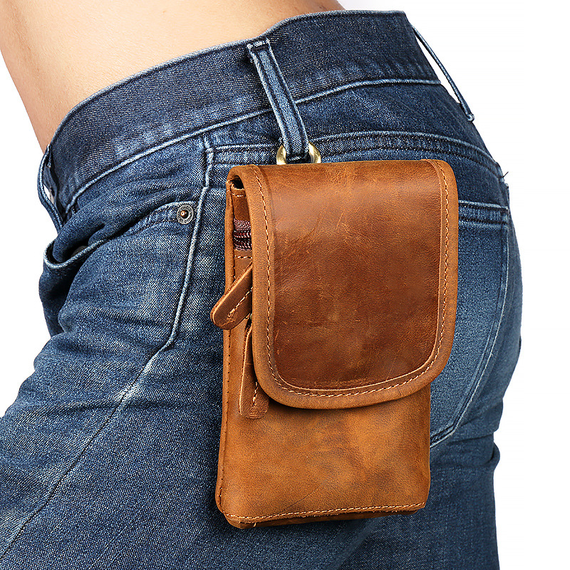 Casual with Multi-Pockets Geniune Leather Hiking Sport Men Mobile Phone Bag Belt Waist Bag Sidebag Pack for iPhone 12 Mini