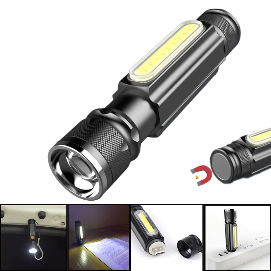 XANES A516 800LM T6+COB Zoomable Multifunction LED Flashlight with Magnet Handy&18650 Li-Battery USB Rechargeable Work Light
