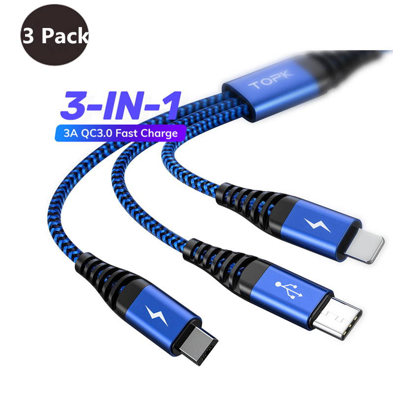 [3 Pack]TOPK AN24 3 in 1 Data Cable QC3.0 Fast Charging Data Line For iPhone 12 XS 11Pro for Samsung Galaxy S21 Note S20