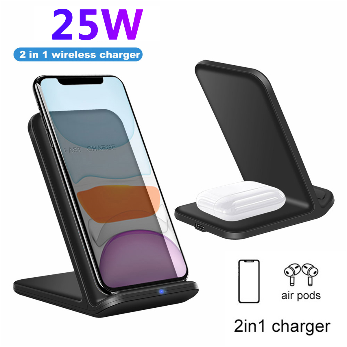 2 In 1 25W Qi Wireless Charger Dock Stand Fast Wireless Charging Pad Phone Holder For Qi-enabled Smart Phones iPhone Samsung