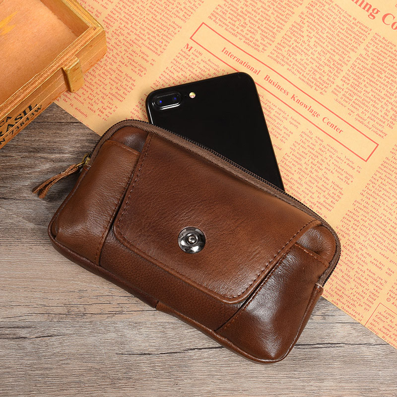 Portable Mini Zipper 2-Layer Genuine Leather Mobile Phone Storage Bag Men Waist Packs