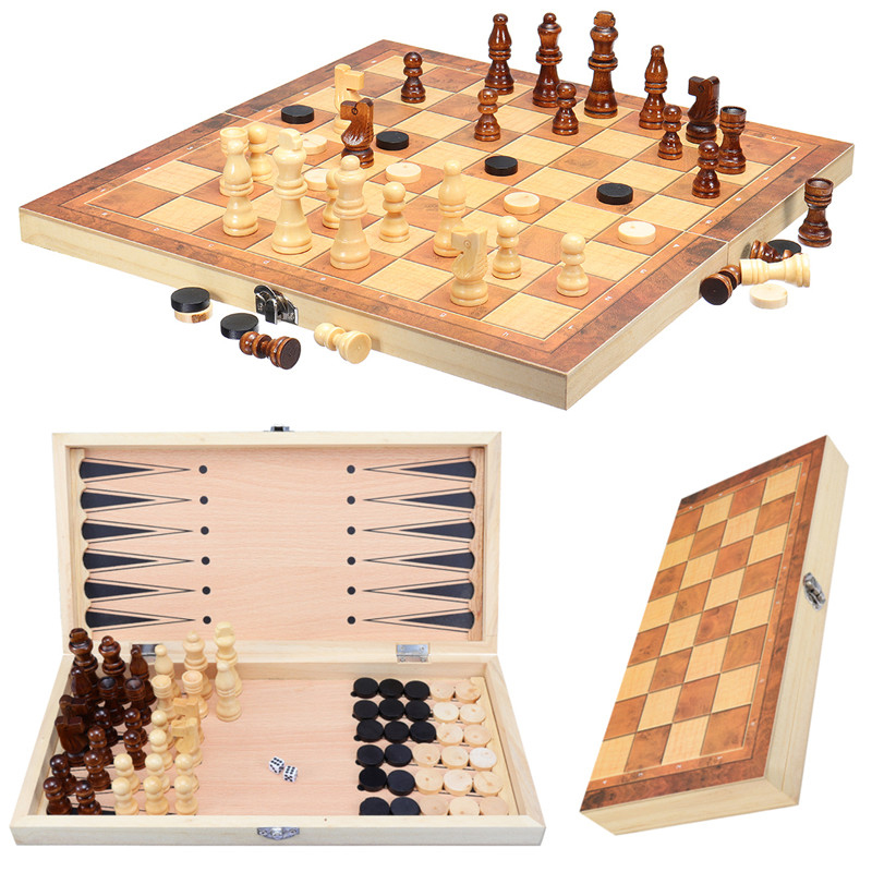 3-in-1 Folding Chessboard Wood Chess Board Box Puzzle  Kids Adult Game Toy with Chess